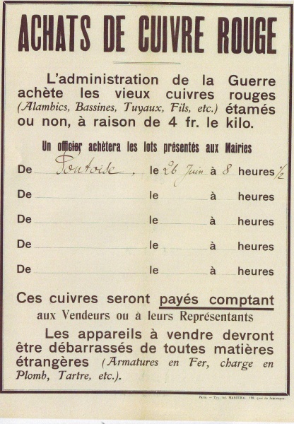 Affiche informant que l'administration de la Guerre cherche des vendeurs de cuivre rouge (archives municipales)